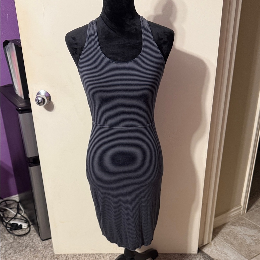 Athleta Black and Gray Striped Midi Dress